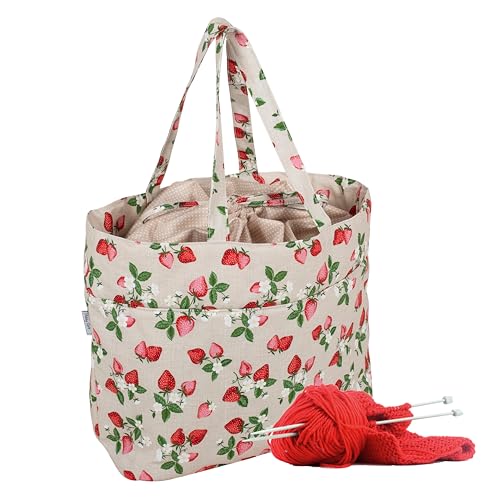 Hobby Gift Drawstring Craft Bag – Wool Storage Tote, Yarn Holder 100% Cotton 39 x 32 x 32cm – Strawberries