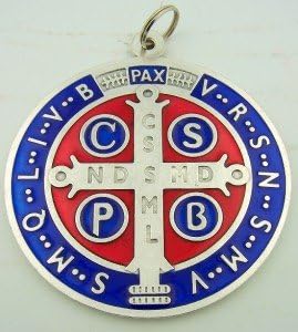 Miniatura 5 de Medalla de San Benito con esmalte rojo y azul, 4 pulgadas, Plata, N A