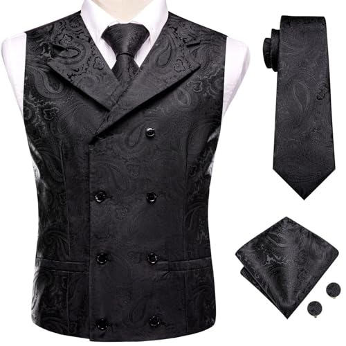 Men's Notch Lapel Business Silk Vest Formal Solid Paisley Textured Waistcoat with Necktie Hanky Cufflinks2