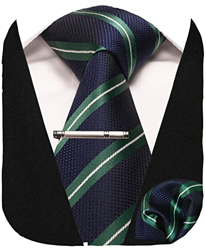 Image of RBOCOTT Silk Stripe Plaid Tie and Pocket Square with Tie Clip Sets for Men