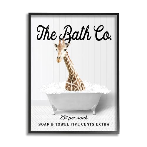 Image of 'Bubble Bathtub Giraffe'| Framed Giclee Art | Stupell Industries | Black, 11 x 14 Inches, Easy to Hang and Sturdy, Made in USA, by Lettered and Lined