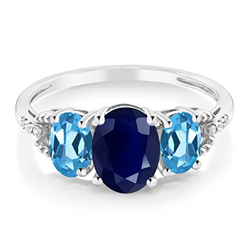 Gem Stone King 10K White Gold Blue Sapphire Swiss Blue Topaz and Diamond Accent 3-Stone Engagement Ring for Women | 2.84 Cttw | Oval 8X6MM and 6X4MM | Available In Size 5, 6, 7, 8, 92