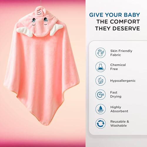 Image of Ultra-Soft Baby Hooded Towel - 100% Cotton Wrap Your Little one in Softness and Joy, Hypoallergenic & Super Absorbent Bath Wrap for Newborns & Toddlers | Cute Animal Design,(0-5Years) (Peach Elephant)