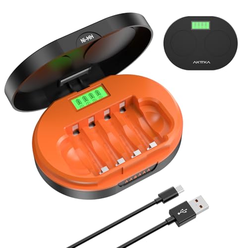 AKTTKA Chargeur de Batteries 4 Slots AA/AAA, pour Accus NiMH/NiCd 1,2V, Écran LCD, Entrée USB 5V/2A, Charge Indépendante et Multiprotection, Utilisation...