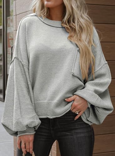Image of Dokotoo Women's Sweater Tops 2026 Ribbed Knitwear Lantern Pullover Sweater | Fall Winter Outfits,Bell Sleeve,Crewneck,Lightweight Knit Pullover,Soft Comfy Tops,Teacher Vacation