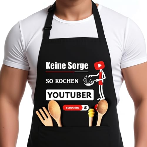 Livdouyu Kochschürze Herren Küchenschürze Personalisiert mit 2 Taschen Wasserdichte Schürze Schwarz Verstellbar Grillschürze Kochschürze Lustig Aufdruck Keine Sorge So Kochen Youtuber