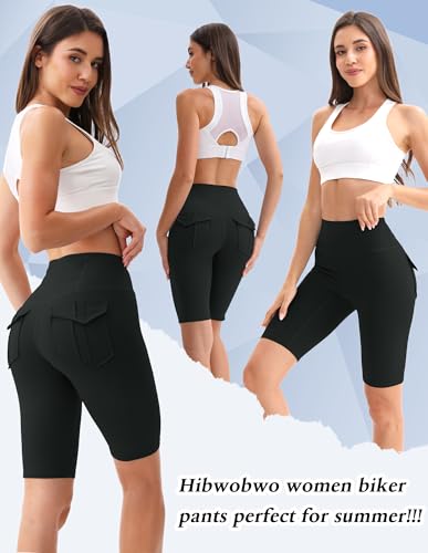 Women Biker Shorts with 3 Pockets Booty High Waisted Tummy Control Spandex Yoga Shorts Workout Gym Running Black3
