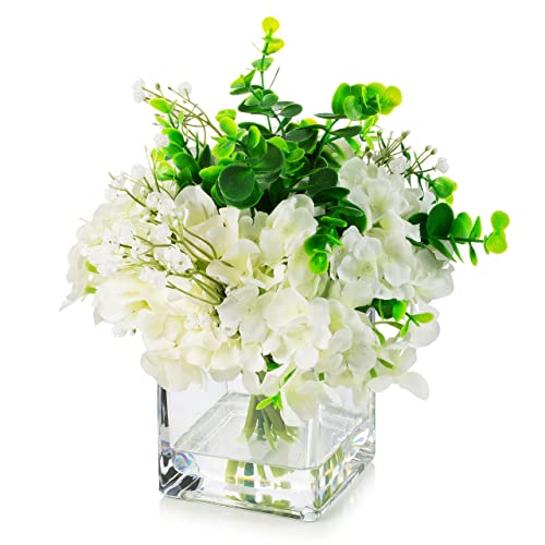 ENOVA FLORAL Faux Hydrangea Flowers with Vase, Mixed Fake Hydrangea Flowers and Greenery in Vase with Faux Water for Dining Table Decoration, Wedding Centerpieces