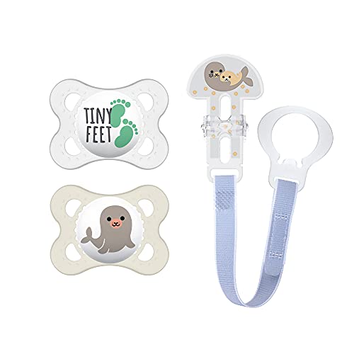 MAM Pacifier and MAM Pacifier Clip Value Pack (2 Pacifiers & 1 Clip), Pacifiers 0-6 Months, Unisex Baby Pacifier Animals Design, Baby Pacifier Clips