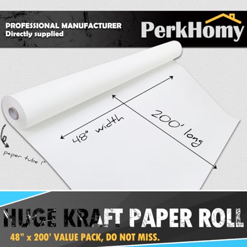 PerkHomy 48" x 2,400" (200') White Kraft Paper Roll for Craft Bulletin Board Paper Art Table Covering Crafting Gift Wrapping Bouquet Packing Parcel 80GSM 55LB (White, 48" x 200')