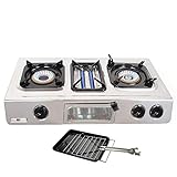 G-87 - Camping Gas de 3 Fuegos para Exterior – Hornillo de Gas para Wok BBQ Grill- Cocina Portátil de Gas GLP con Tecnología Eficiente y Encendido Automático, Acero Inoxidable 9,7 kW