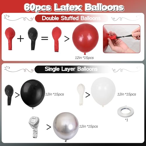 Image of Red Black Balloons, 60 Pcs 12 Inch Double Stuffed Red Matte Black White Balloon with Metallic Silver Balloon for Halloween Vampire Prom New Year Race Car Theme Birthday Poker Card Party Decorations