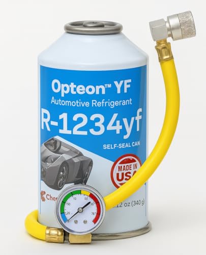 R1234YF (1) Replacement Compatible Automotive ac REFRIGERENT 12 oz Cans with self Sealed Valve for Easy use + Reusable Hose+ Gauge Made in The USA. Replacement R1234yf + Gauge kit