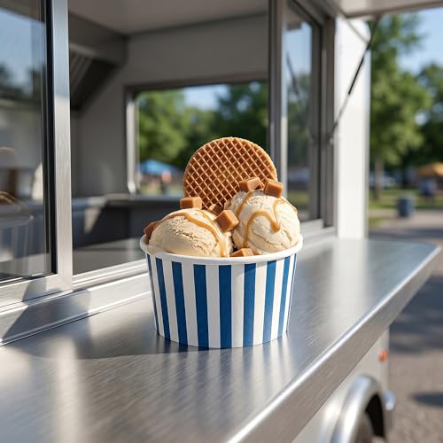 Image of Restaurantware Coppetta 12 Ounce Dessert Cups, 50 Disposable Ice Cream Cups - Lids Sold Separately, Sturdy, Blue And White Paper FroYo Bowls, Striped, For Hot And Cold Foods, Perfect For Gelato