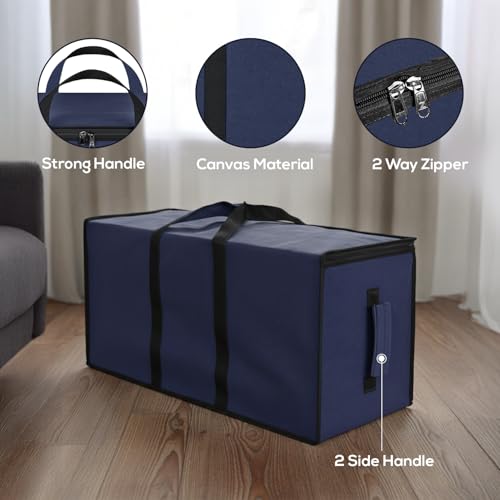 Image of Storite 2 Pack Multi-Purpose Heavy Duty Moisture Proof 81 Litres Canvas Super-Size Jumbo Underbed Storage Bag /Toys /Blankets /Stationery Paper /Clothes Storage Bag (87x26x36 cm) (Navy Blue)