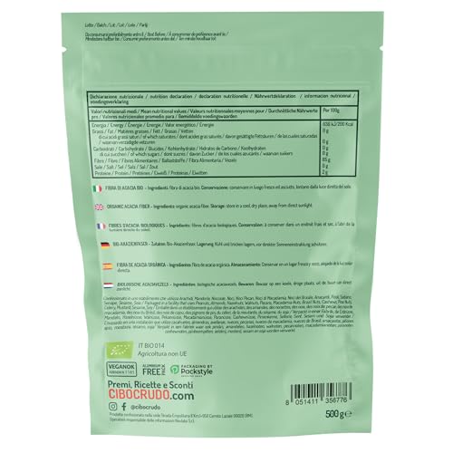 CiboCrudo Akazienfaser Pulver Bio - 500g. Akazienfasern oder Akaziengummi Arabicum Pulver mit Hohem Ballaststoffgehalt (85%) und ohne Zucker. Vegane Ballaststoffe, hervorragend für ketogene Diäten.