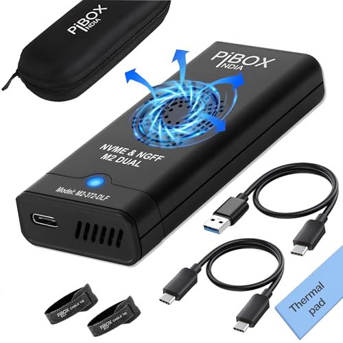 Image of NVME M.2 Fan Enclosure, PiBOX India Dual protocol NVMe /NGFF SATA SSD Enclosure Smart Fan- USB 3.2 10Gbps, Tool-Free M.2 NVMe Case, PCI-E NVMe to USB-C, Supports M, B&M Keys 2230 /2242 /2280 SSD RTL9210B