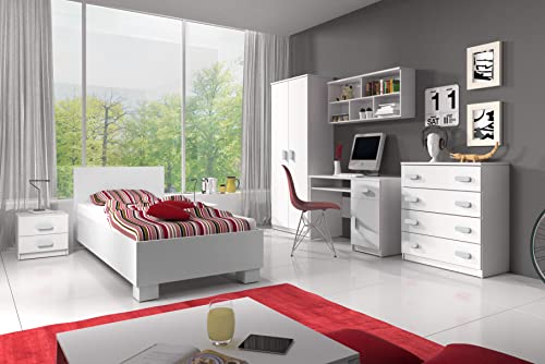 Fabryka Mebli Idźczak Kinderzimmer-Set Jonas I 01 - Schrank, Bett, Wandregal, Kommode, Schreibtisch, Nachttisch - Kleiderschrank - Skandinavischer Stil, Modern Design - Weiß