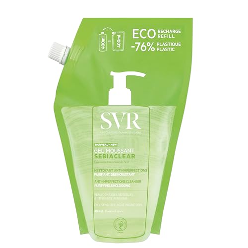 SVR - Sebiaclear Gel Moussant - Limpiador purificador anti-imperfecciones - Para piel mixta a grasa, sensible y propensa al acné - Gluconolactona 4%, ácido salicílico 0,5% - 400 ml Recambio