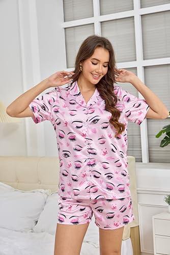 Image of Funny Satin Pajamas Set for Women Button Down Sleepwear Print Pjs Set 2 Piece Short Sleeve Loungewear Gift for Women