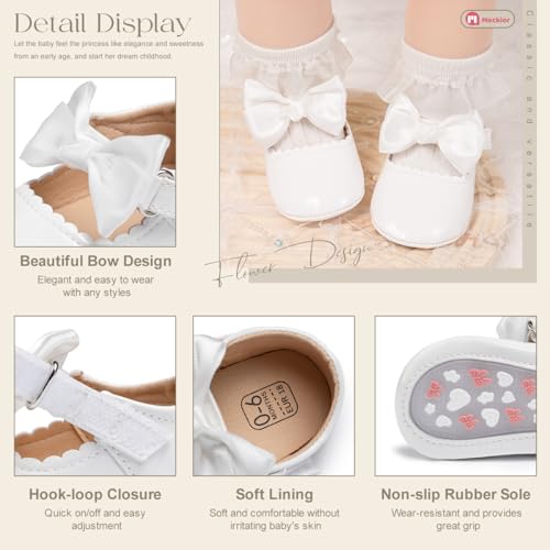 Meckior Infant Baby Girls Mary Jane Flats Non-Slip Rubber Sole Bowknot Princess Wedding Dress Shoes Toddler First Walkers - Thumbnail 5
