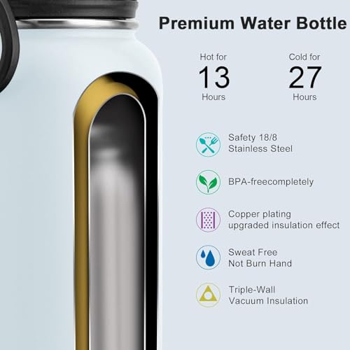 Image of koodee Insulated Water Bottle, 32 oz Stainless Steel Double Wall Vacuum Wide Mouth Sport Bottle with Leakproof Spout Lid (Bby Blue)