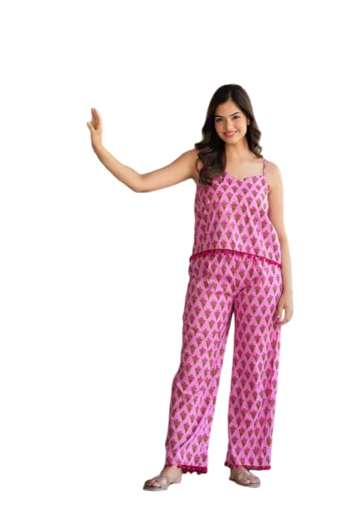 Women's Rayon Floral Block Printed Shoulder Strap Sweetheart Neck Pink Waist Length Top and Pyjama Set-picture-40