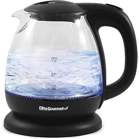 Elite Gourmet EKT1001B Electric BPA-Free Glass Kettle, Cordless 360° Base, Stylish Blue LED Interior, Handy Auto Shut-Off Function - Quickly Boil Water for Tea & More, 1L, Graphite Black Cover