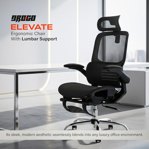 Image of DROGO Ergonex Ergonomic Office Chair for Work from Home with Mesh, Armrest, 2D Headrest & Lumbar Support | Computer Chair for Study | Gaming Chair with Footrest & Heavy Metal Base (Black)