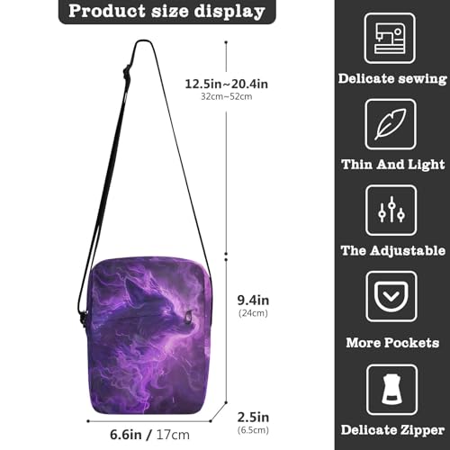 Crossbody Bag Neon Glowing Purple Flame Wolf Anima Messenger Bag for Women Men Purse Shoulder Bag Satchel Bag with Adjustable Strap 202b5968l3