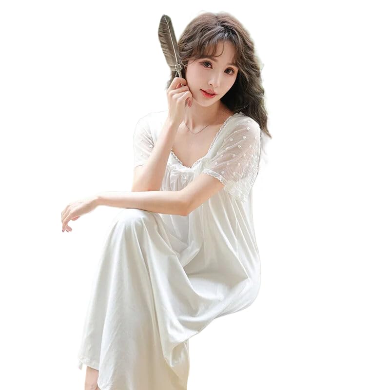 OFFSUM Camisón De Pijama De Mujer - Verano Suave Algodón Cuello Cuadrado Dulce Encaje Bordado Ropa De Dormir Princesa Estilo Palaciego Temperamento Albornoz Lencería
