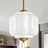 Milk Glass Pendant Light, 10 Inch White Semi Flush Mount Ceiling Light, Vintage Glass Shade Chandelier With Dimmable E26 Base, Adjustable Hanging Rod, Pendant Light for Bedroom, Hallway, Dining Room