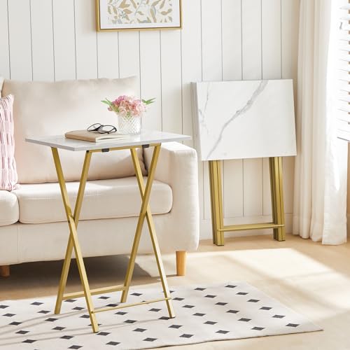 Image of HOOBRO Folding TV Tray Tables, Set of 4 TV Trays with Storage Rack, Industrial Side Table for Eating at Couch, Foldable Snack Table for Small Space, Easy Assembly, Marble and Gold DM50BZ01