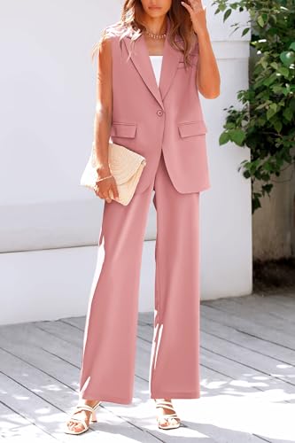 Image of PRETTYGARDEN Women's 2 Piece Outfits Sleeveless Suit Vest and Wide Leg Pants Business Casual Blazer Sets