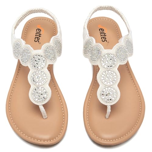 Veittes Damen Bohemian Flache Sandalen - Elegante Bequeme Elastische Slingback Offene Zehen Sandalen,Glitzer Sommer Zehentrenner mit Knöchelriemen,Weiß,39 EU, 2307004