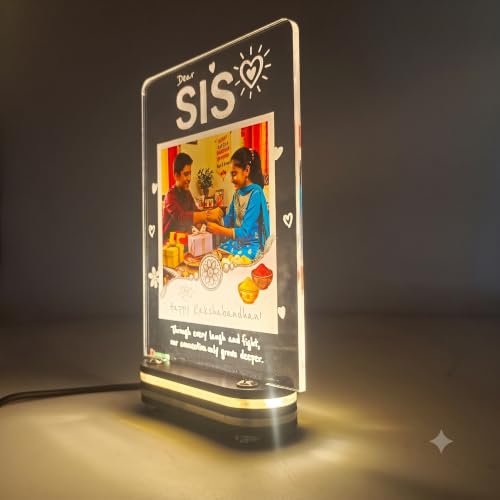 Image of lampees Personalised Sister LED Photo Lamp, 18x12 cm | Raksha Bandhan Keepsake, Custom Engraving, Warm LED Glow, Acrylic & Wood Base, Insert Your Photo