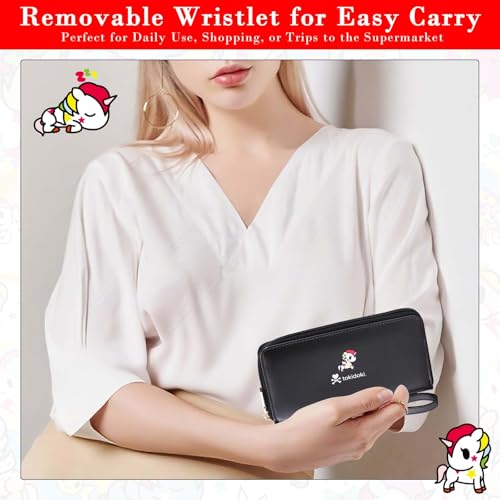 Tokidoki Leather Wallets for Women Clutch Handbags Large Capacity Purse Credit Card Holder Cash Pocket with Grip Hand Strap Long (Black)2