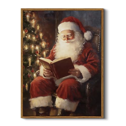 Image of ARPEOTCY Framed Canvas Wall Art, Vintage Christmas Decor, Living Room Retro Santa Picture, Home Winter Decor for Bedroom Bathroom, Cottagecore Xmas Holiday Decorations Gifts, 12x16 Inch