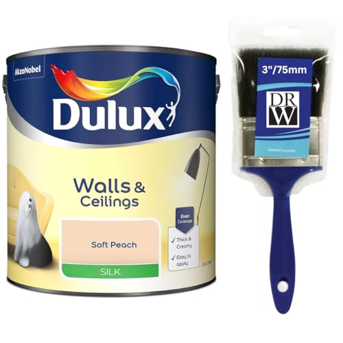 Soft Peach Walls & Ceilings Silk Emulsion Paint 2.5L + 3 Emulsion Paint Brush – Smooth Washable Silk Finish, Quick Dry, Low-VOC, Easy Application for Interior Walls & Ceilings