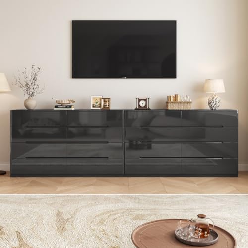 Image of Black Dresser for Bedroom, 47.2 inch Wide 8 Drawer Dresser, Modern High Gloss Dresser Chest of Drawers, Wooden Dressers Organizer for Bedroom, Closet