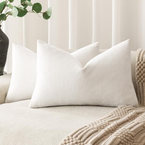 Image of Foindtower Pack of 2 Soft Textured Chenille Throw Decorative Pillow Covers Lumbar Accent Solid Cushion Cover Neutral Farmhouse Pillow Case for Couch Sofa Bedroom Living Room 12x24 Inch, Ivory White