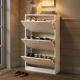 HOPUBUY Shoe Cabinet for Entryway, White Narrow Shoe Storage Cabinet with 3 Flip Drawers, Wood Slim Shoe Rack, 3 Tier Thin Shoe Organizer for Home and Apartment