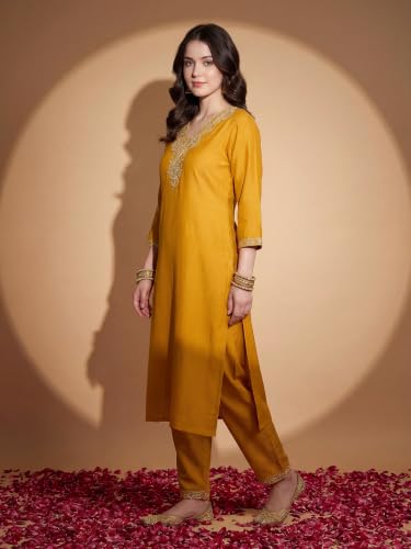 Image of INDO ERA Women's Silk Blend Embroidered Zari Work Straight Kurta & Pant Set | Cord Set For Women