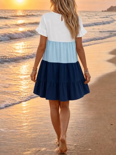 Image of Imysty Womens Boho Floral Ruffle Sleeve Babydoll Loose Flowy Casual Summer Pleated Mini Dress