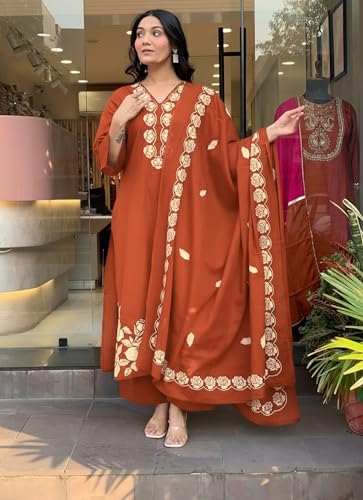 Image of ANNI Designer Women Embroidered Straight Kurta Palazzo Dupatta Set Rayon Viscose Kurti Pant Set Ladies Ethnic Wear for Office Festive Daily Use