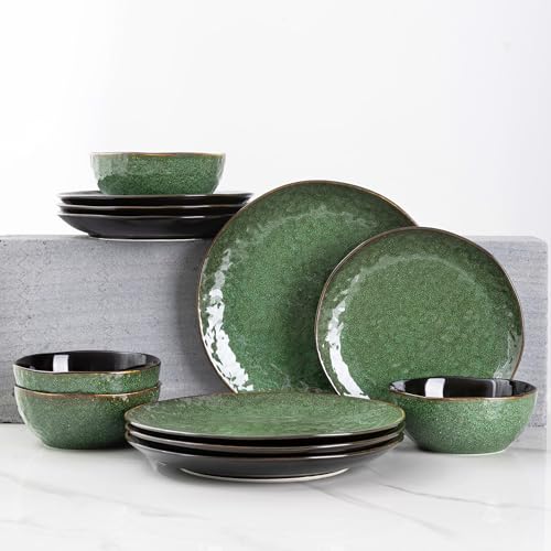 Image of LERATIO Ceramic Dinnerware Sets for 8,24-Piece Plates and Bowls Set | Handmade Reactive Glaze Ceramic Dish Set,Oven & Microwave,Dishwasher Safe,Scratch Resistant-Chestnut