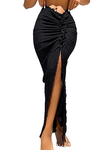 SOLY HUX Swim Cover Ups for Women Ruched Split Hem Cover Up Skirt Beach Bikini Swimwear