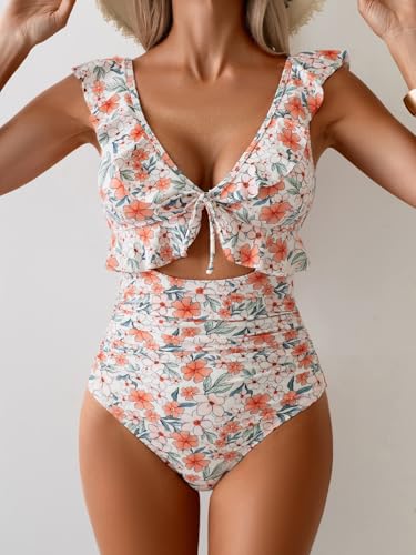 Image of Eomenie One Piece Swimsuit for Women Tummy Control Ruffle Bathing Suit V Neck Ruched Swim Suit Slimming Cutout Swimwear