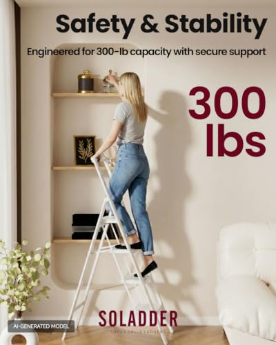 Image of SOLADDER Step Ladder 4 Step Folding Stool with Anti-Slip Widened Sturdy Pedal and Handgrip, Portable and Multi-Use Iron Stepladder for Home, Kitchen, 300 lbs Capacity -Pure White