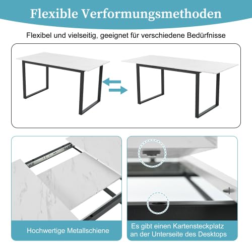 Tavolo da pranzo rettangolare allungabile 140/180 cm, struttura in metallo effetto marmo, tavolo da cucina per 6-8 persone, bianco